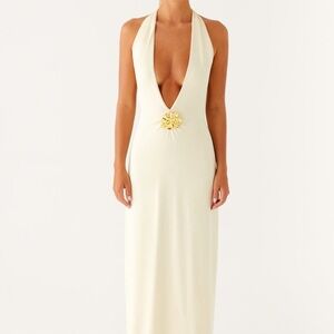 PepperMayo Cream Halter Neck Maxi Dress with Gold flower